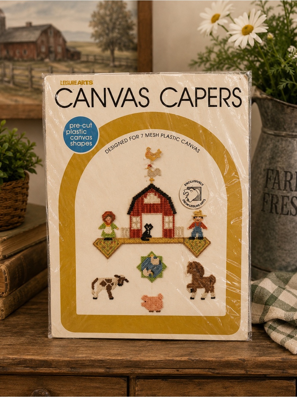 Vintage 1980 Leisure Arts "Down on the Farm" Canvas Capers Plastic Canvas Kit